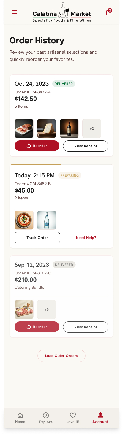 Calabria Market order history screen